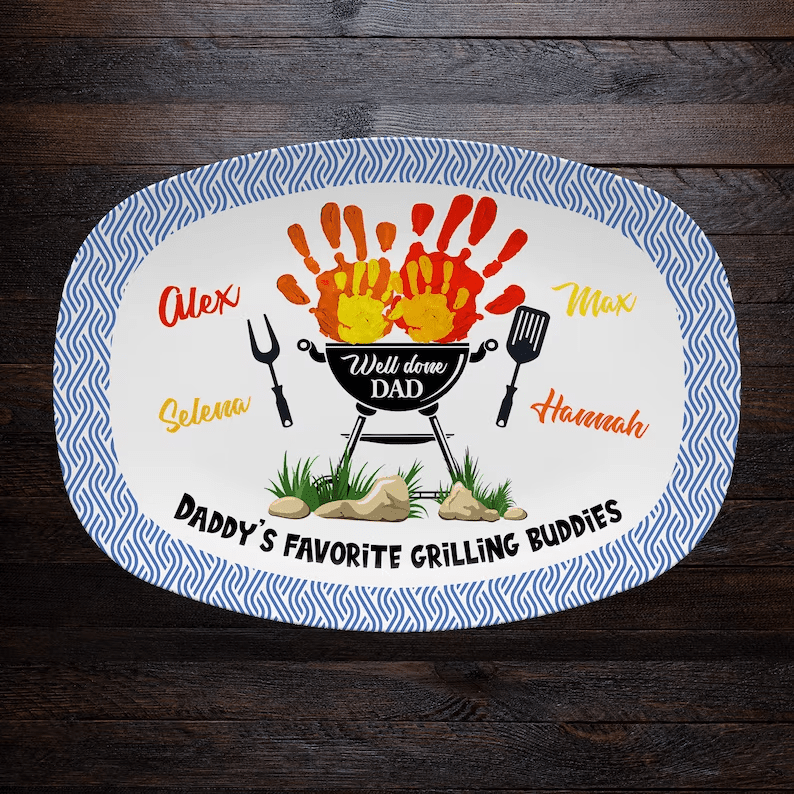 Personalized Daddy's Favorite Grilling Buddies Platter, Father's Day Gift, Personalized BBQ Handprint Plate, Custom Barbecue Platter For Dad