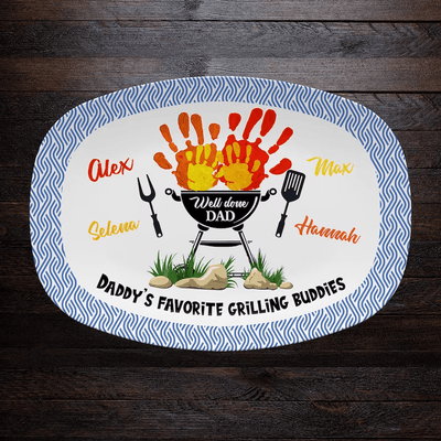 Personalized Daddy's Favorite Grilling Buddies Platter, Father's Day Gift, Personalized BBQ Handprint Plate, Custom Barbecue Platter For Dad