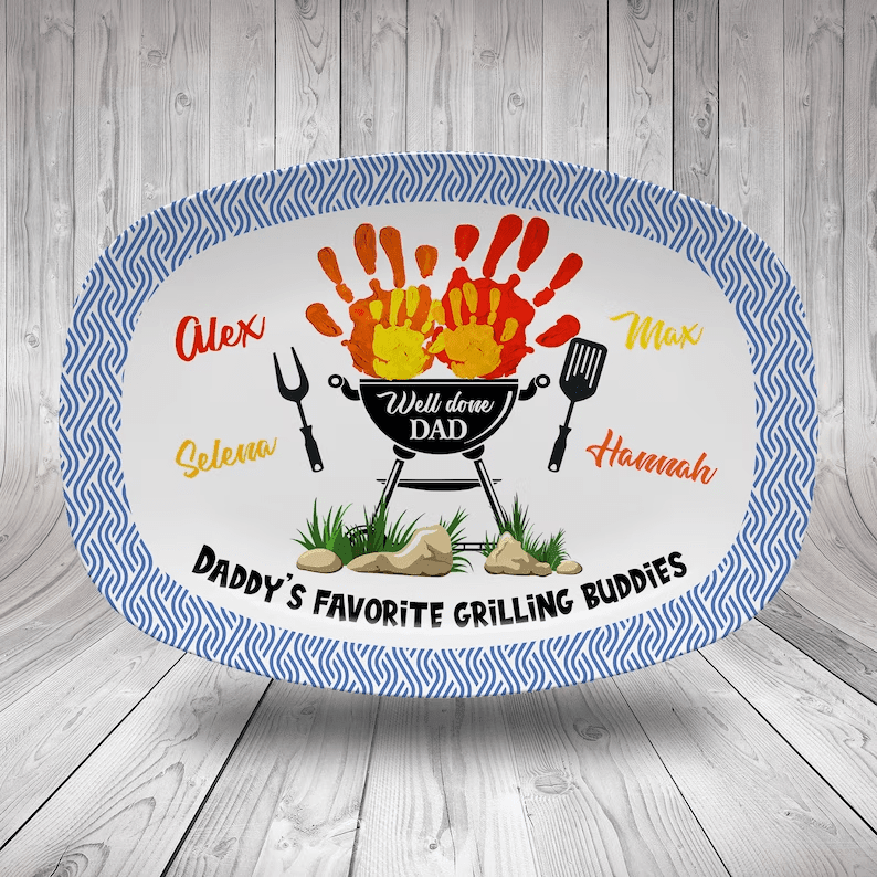 Personalized Daddy's Favorite Grilling Buddies Platter, Father's Day Gift, Personalized BBQ Handprint Plate, Custom Barbecue Platter For Dad