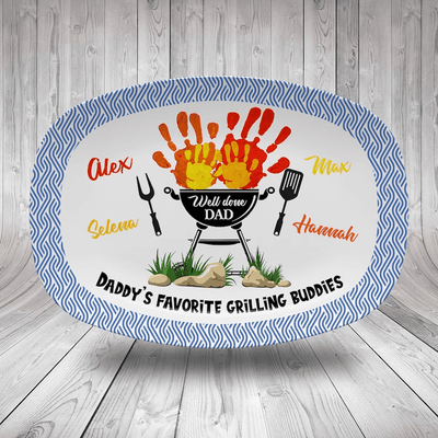 Personalized Daddy's Favorite Grilling Buddies Platter, Father's Day Gift, Personalized BBQ Handprint Plate, Custom Barbecue Platter For Dad