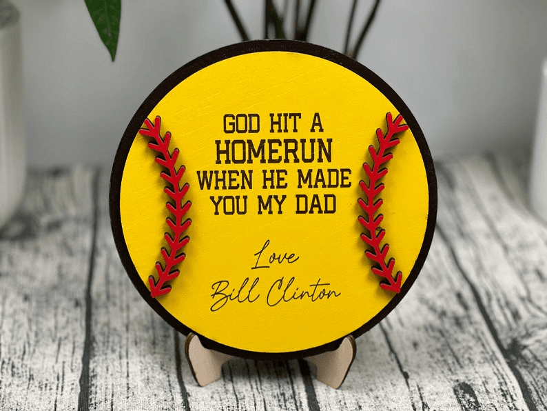 Father's Day Mother's Day Baseball Sign,Personalized Softball Gifts for Dad Mom from Kids,Fathers Day + Grandpa Present,God Hit a Homerun