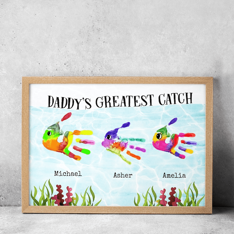 Personalized DIY Daddy’s Greatest Catch Handprint Sign, Custom Father's Day Handprint Sign, Fishing Dad Gift, Keepsake Print, Gift for Dad