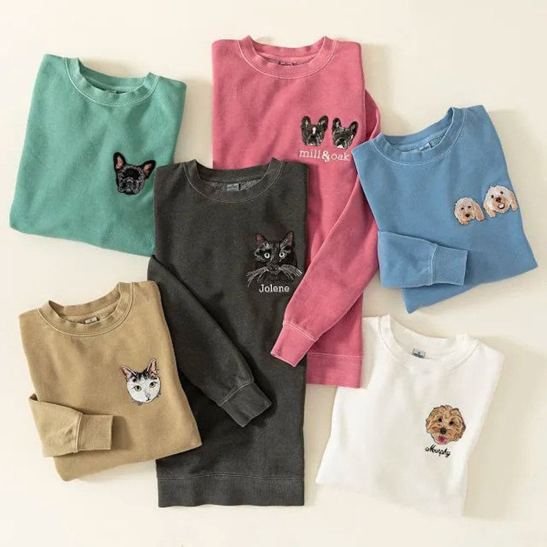 Custom Pet Embroidered Sweatshirt, Personalized Dog Cat Portrait Sweatshirt, Dog Embroidered Sweatshirt, Memorial Gift, New Year Gift