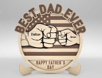 Personalized Dad And Kid Hands Fist Bump US Flag Sign Wood Laser Cut Art, Gift for Dad, Fathers Day Gifts Wood Laser Cut Sign