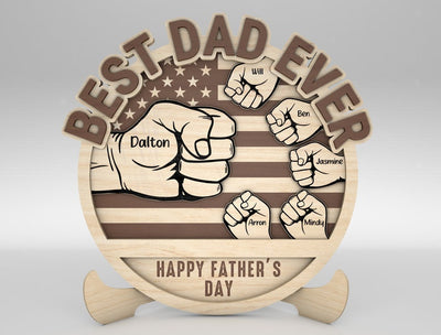 Personalized Dad And Kid Hands Fist Bump US Flag Sign Wood Laser Cut Art, Gift for Dad, Fathers Day Gifts Wood Laser Cut Sign