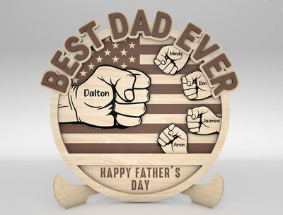 Personalized Dad And Kid Hands Fist Bump US Flag Sign Wood Laser Cut Art, Gift for Dad, Fathers Day Gifts Wood Laser Cut Sign