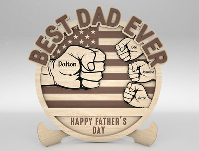 Personalized Dad And Kid Hands Fist Bump US Flag Sign Wood Laser Cut Art, Gift for Dad, Fathers Day Gifts Wood Laser Cut Sign