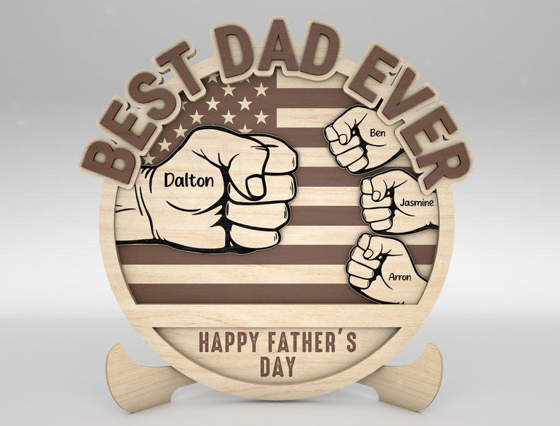 Personalized Dad And Kid Hands Fist Bump US Flag Sign Wood Laser Cut Art, Gift for Dad, Fathers Day Gifts Wood Laser Cut Sign
