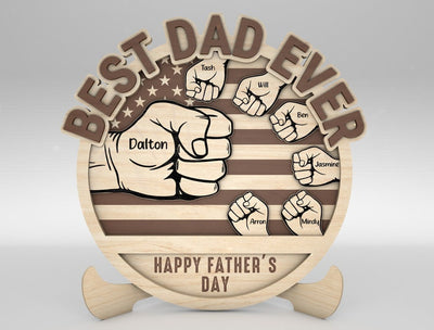 Personalized Dad And Kid Hands Fist Bump US Flag Sign Wood Laser Cut Art, Gift for Dad, Fathers Day Gifts Wood Laser Cut Sign