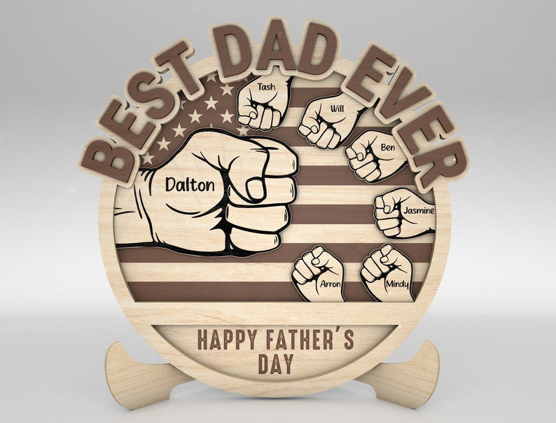 Personalized Dad And Kid Hands Fist Bump US Flag Sign Wood Laser Cut Art, Gift for Dad, Fathers Day Gifts Wood Laser Cut Sign