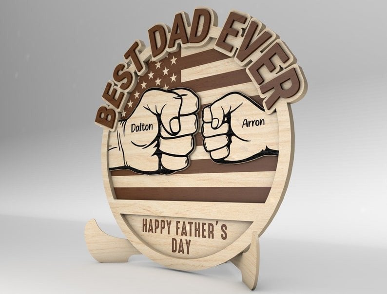 Personalized Dad And Kid Hands Fist Bump US Flag Sign Wood Laser Cut Art, Gift for Dad, Fathers Day Gifts Wood Laser Cut Sign