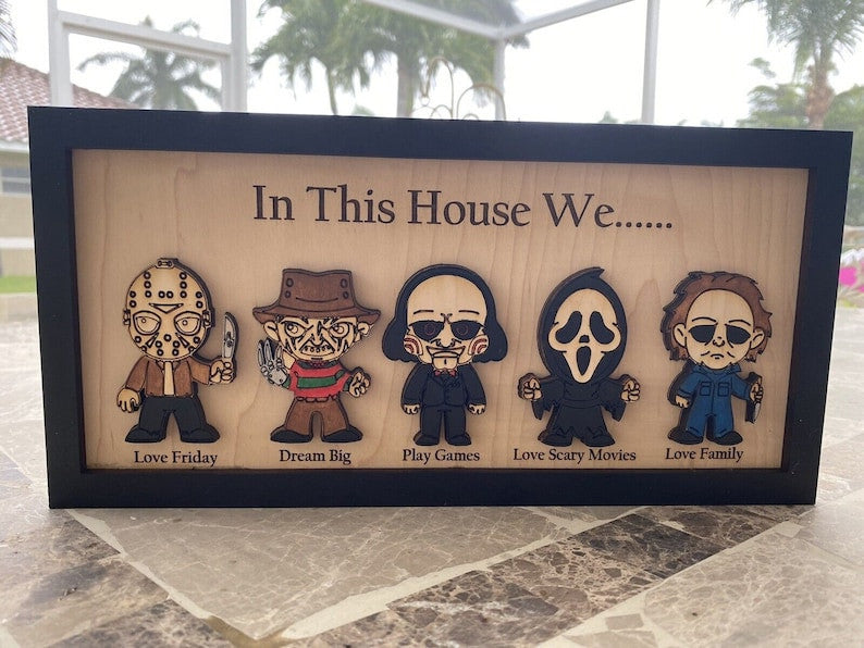 In This House We Horror Wood Frame, Horror Movie Lovers, Halloween Horror Figures Decor Gifts, Horror Movie Sign, Gifts for Friends