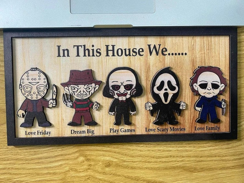 In This House We Horror Wood Frame, Horror Movie Lovers, Halloween Horror Figures Decor Gifts, Horror Movie Sign, Gifts for Friends