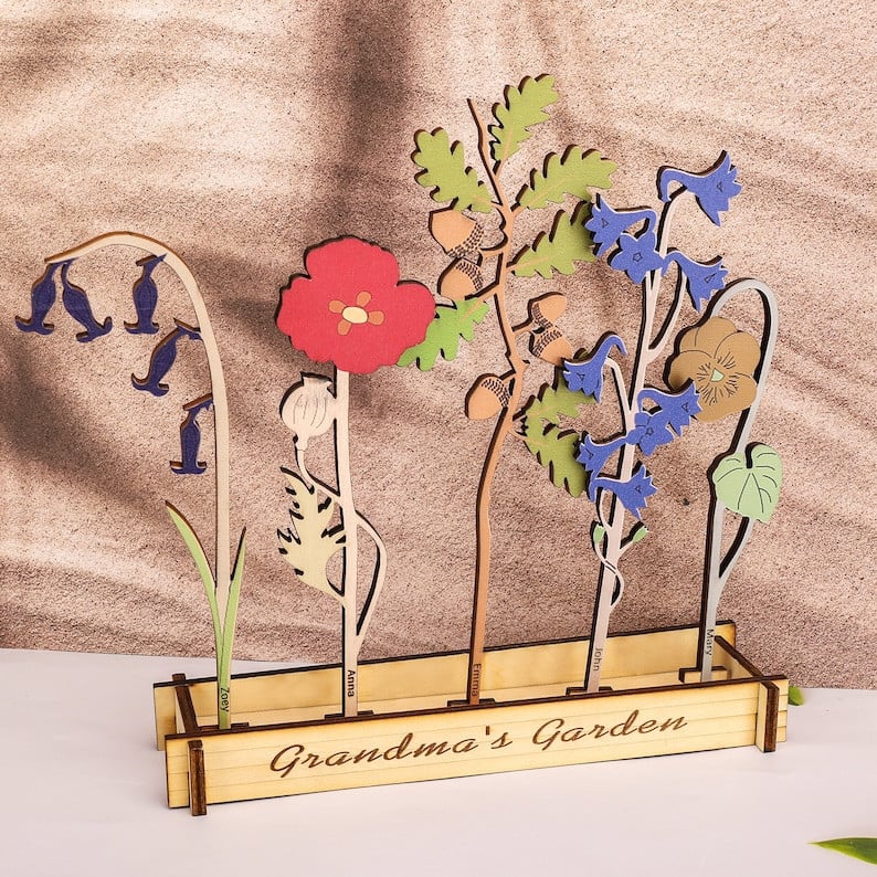 Grandma's Garden Sign, Birthday Flower Bouquet, Gift for Mom, Home Decor, Custom Wooden Plaque, Engraved Name, Mothers Day Gift,Grandma Gift