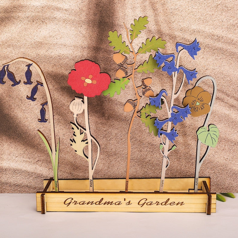Grandma's Garden Sign, Birthday Flower Bouquet, Gift for Mom, Home Decor, Custom Wooden Plaque, Engraved Name, Mothers Day Gift,Grandma Gift