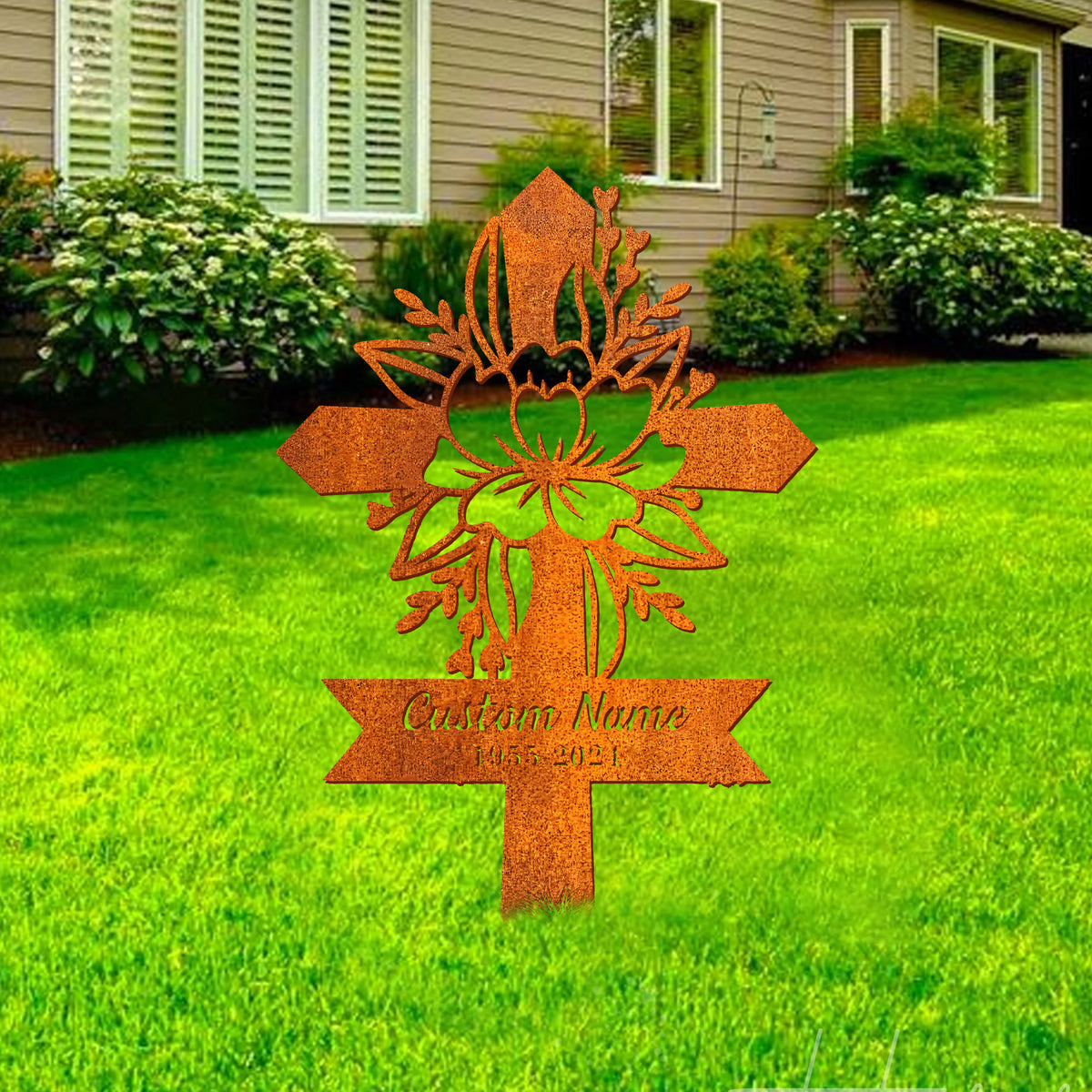 Personalized Floral Cross Memorial Stake, Metal Cross Stake, Sympathy Sign, Grave Marker, Remembrance Stake, Garden Decor, Cross Sign