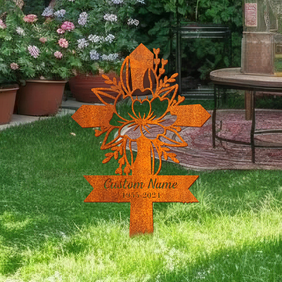 Personalized Floral Cross Memorial Stake, Metal Cross Stake, Sympathy Sign, Grave Marker, Remembrance Stake, Garden Decor, Cross Sign
