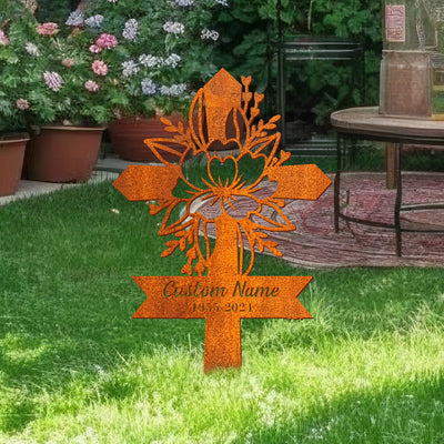 Personalized Floral Cross Memorial Stake, Metal Cross Stake, Sympathy Sign, Grave Marker, Remembrance Stake, Garden Decor, Cross Sign