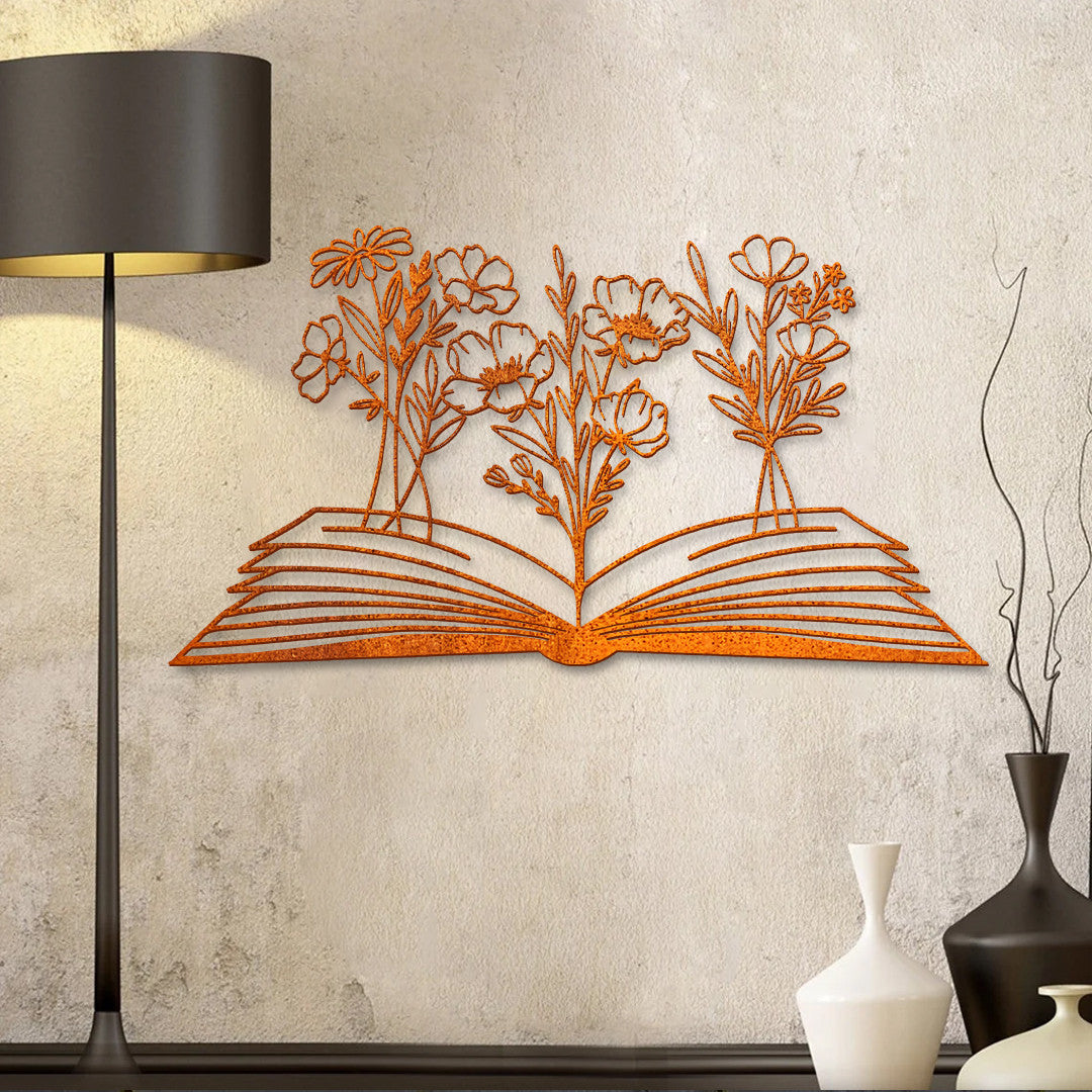 Book With Flower Metal Wall Decor, Floral Book Lover Sign, Home Decor, Above Bed Decor, Library Decor, Housewarming Gift, Book Lovers Gift