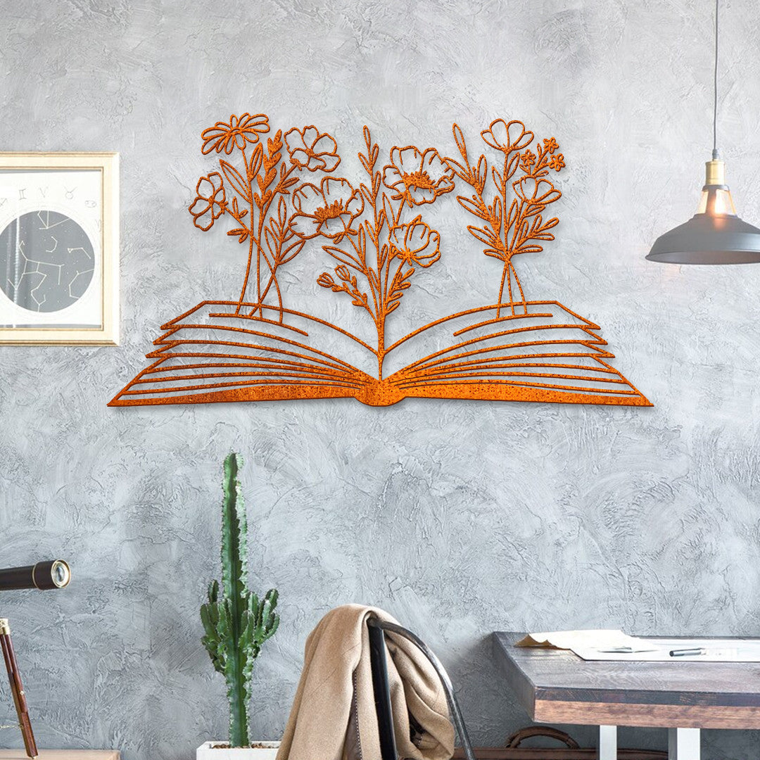 Book With Flower Metal Wall Decor, Floral Book Lover Sign, Home Decor, Above Bed Decor, Library Decor, Housewarming Gift, Book Lovers Gift