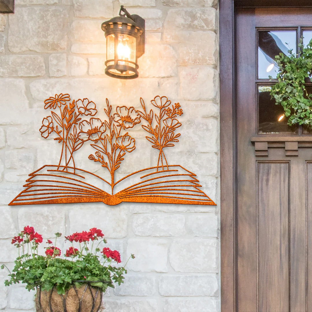Book With Flower Metal Wall Decor, Floral Book Lover Sign, Home Decor, Above Bed Decor, Library Decor, Housewarming Gift, Book Lovers Gift
