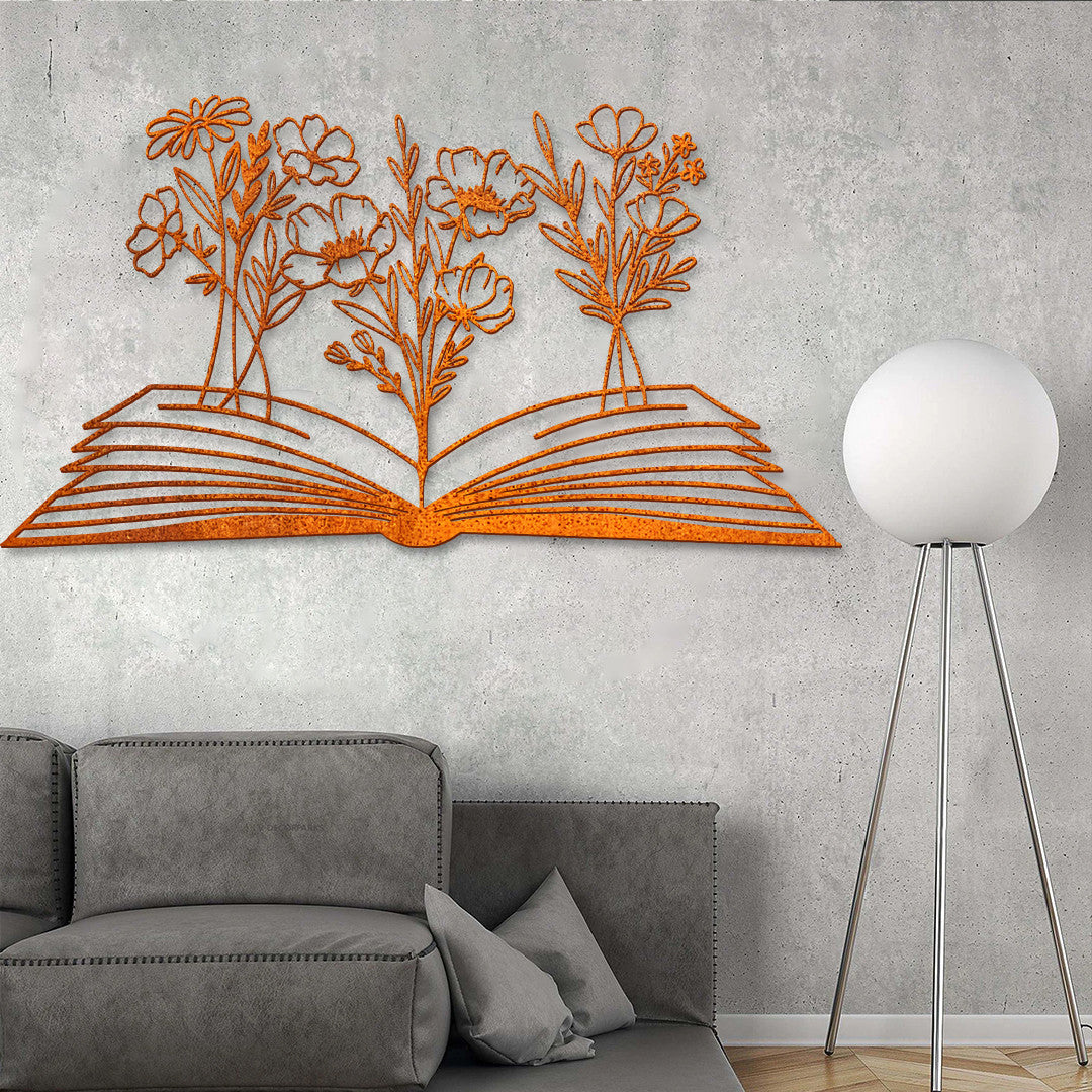 Book With Flower Metal Wall Decor, Floral Book Lover Sign, Home Decor, Above Bed Decor, Library Decor, Housewarming Gift, Book Lovers Gift