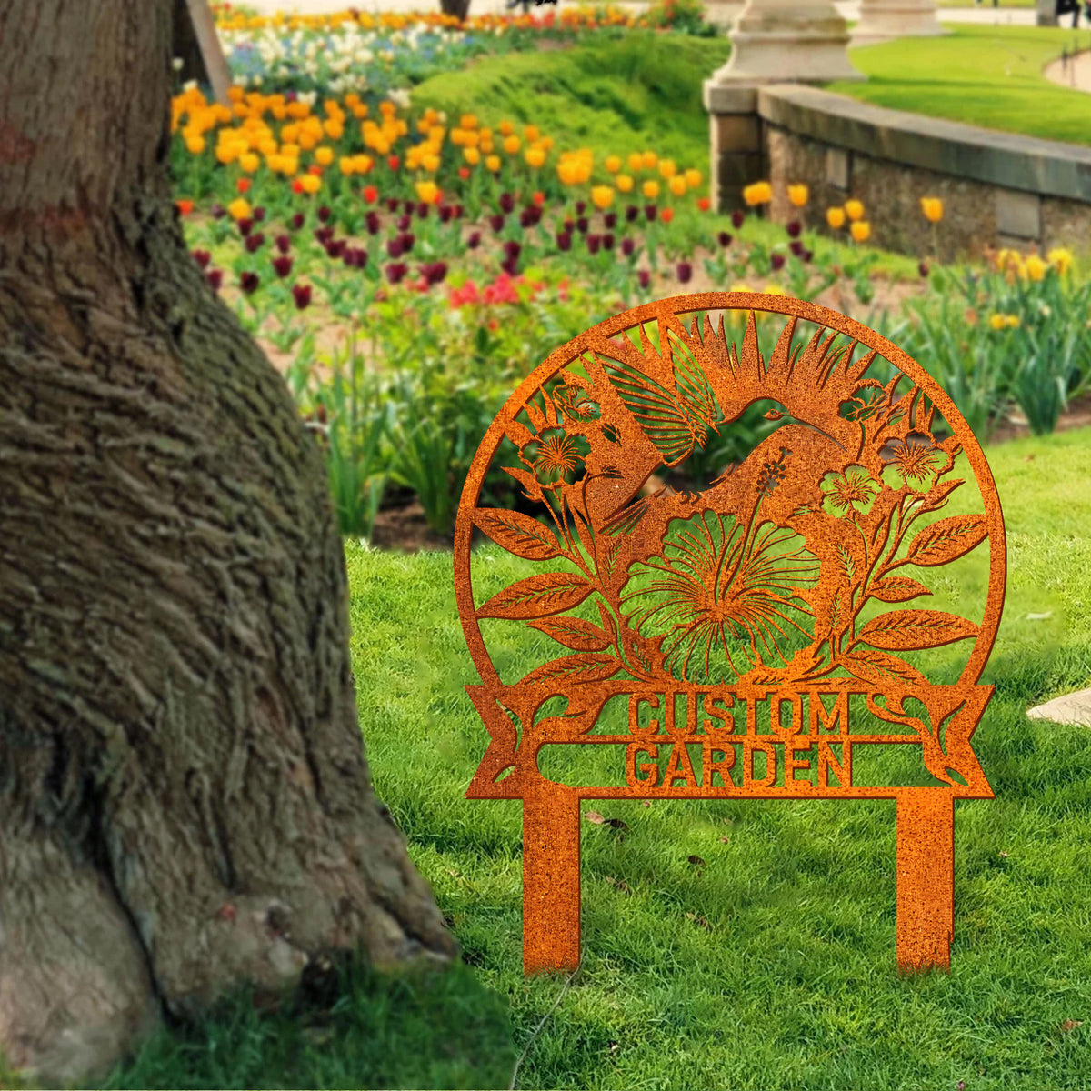 Custom Hummingbird Metal Garden Stake, Custom Garden Name Sign, Yard Sign Hummingbird Sign, Garden Sign, Garden Decor, Gift For Mom Yard Decor