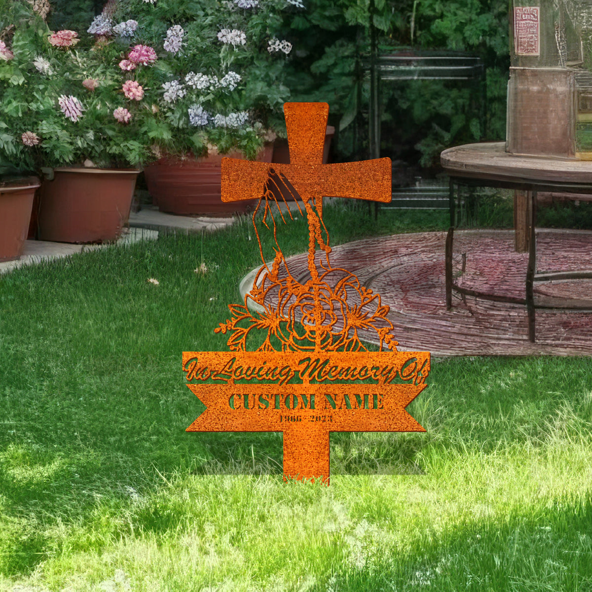 Personalized Cross With Praying Hand Memorial Stake, Remembrance Stake, Dad Loss, Mom Loss, Cross Stake, Sympathy Sign, Grave Marker