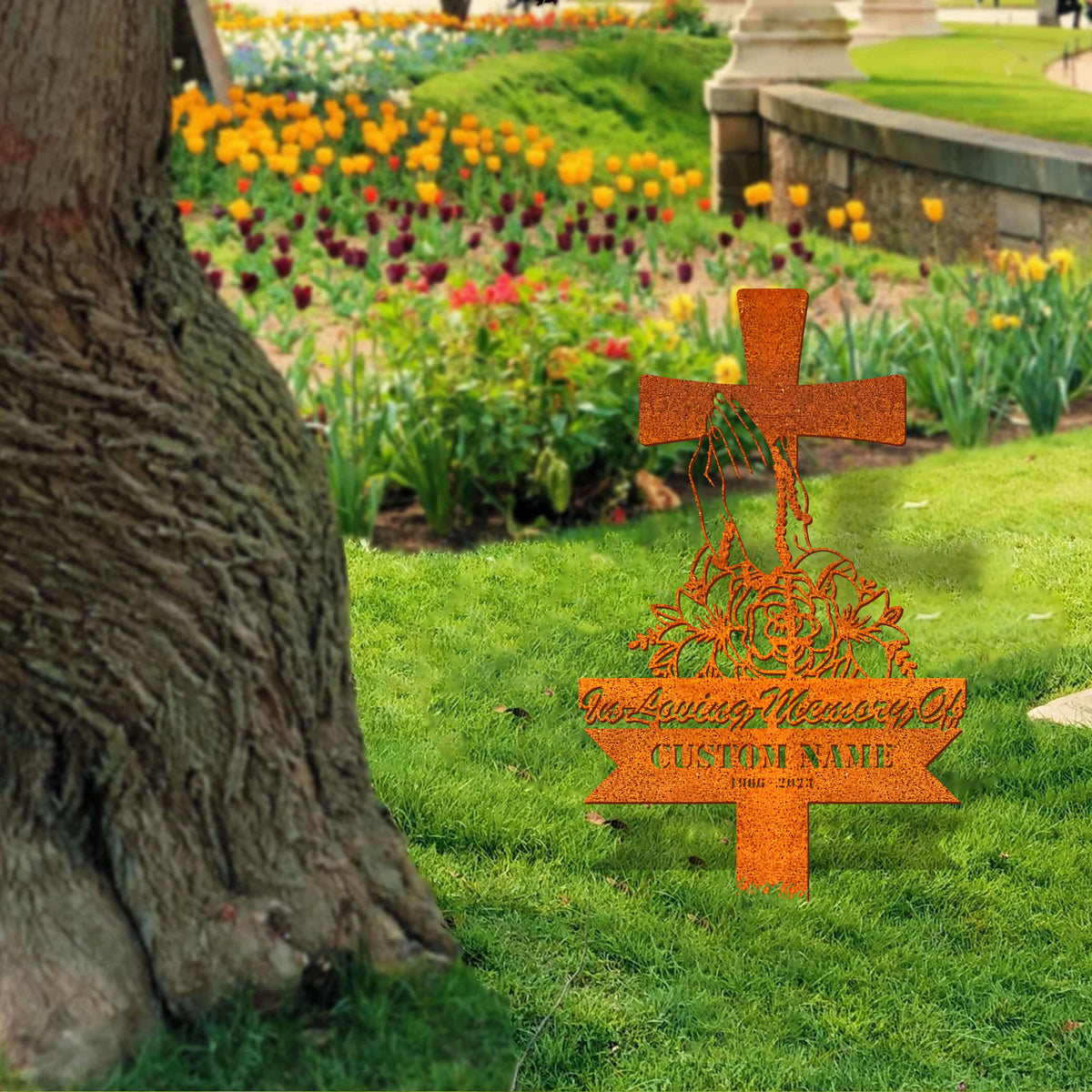 Personalized Cross With Praying Hand Memorial Stake, Remembrance Stake, Dad Loss, Mom Loss, Cross Stake, Sympathy Sign, Grave Marker