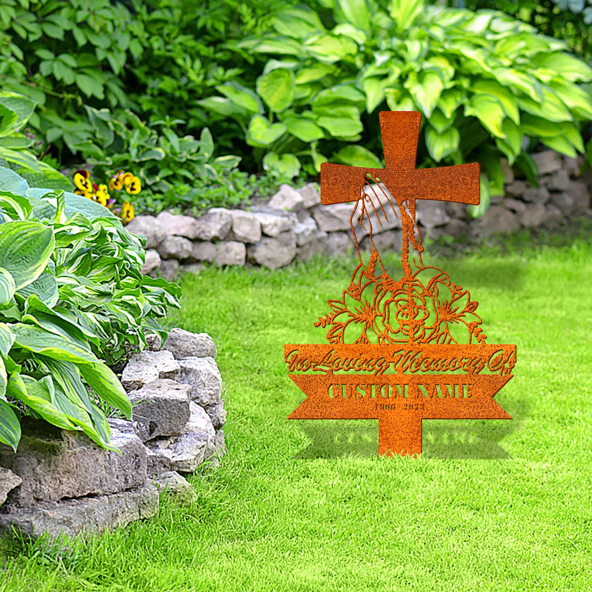 Personalized Cross With Praying Hand Memorial Stake, Remembrance Stake, Dad Loss, Mom Loss, Cross Stake, Sympathy Sign, Grave Marker
