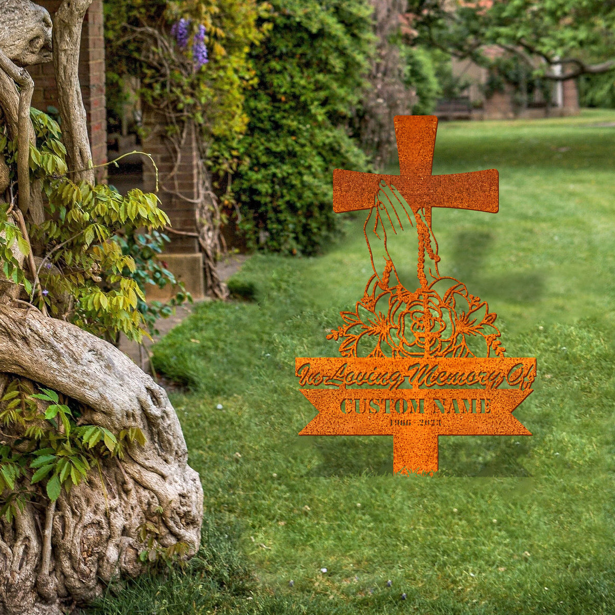 Personalized Cross With Praying Hand Memorial Stake, Remembrance Stake, Dad Loss, Mom Loss, Cross Stake, Sympathy Sign, Grave Marker
