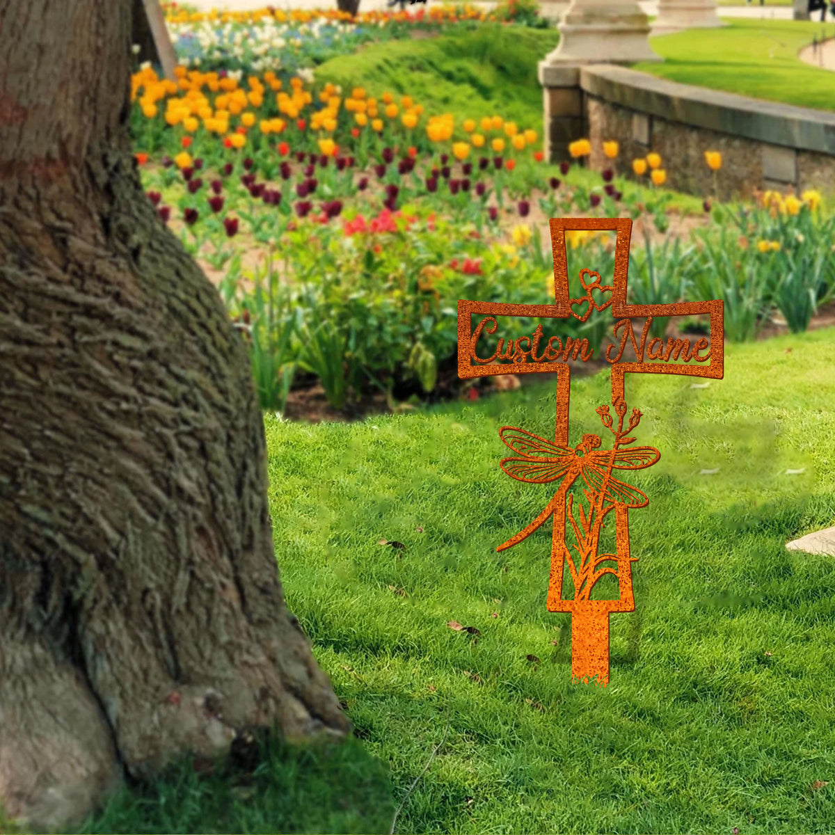Custom Dragonfly Memorial Cross Stake, Memorial Stake, Cross Sign, Grave Marker Cemetery Stake, Loss Of Loved One Sympathy, In Memory Of Gifts