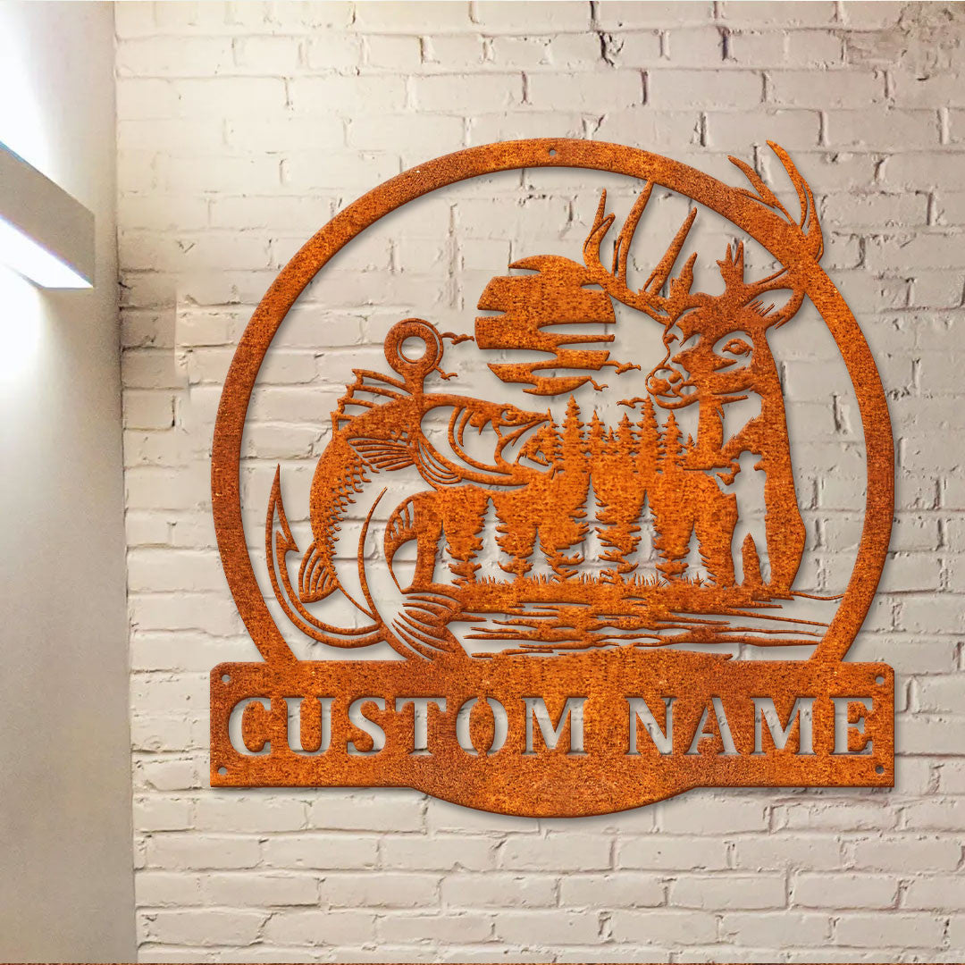 Custom Deer And Fishing Metal Wall Art Led Light Hunting Sign Personalized Hunter Name Sign Home Decor Cabin Decor Birthday Gift Fisher Gift