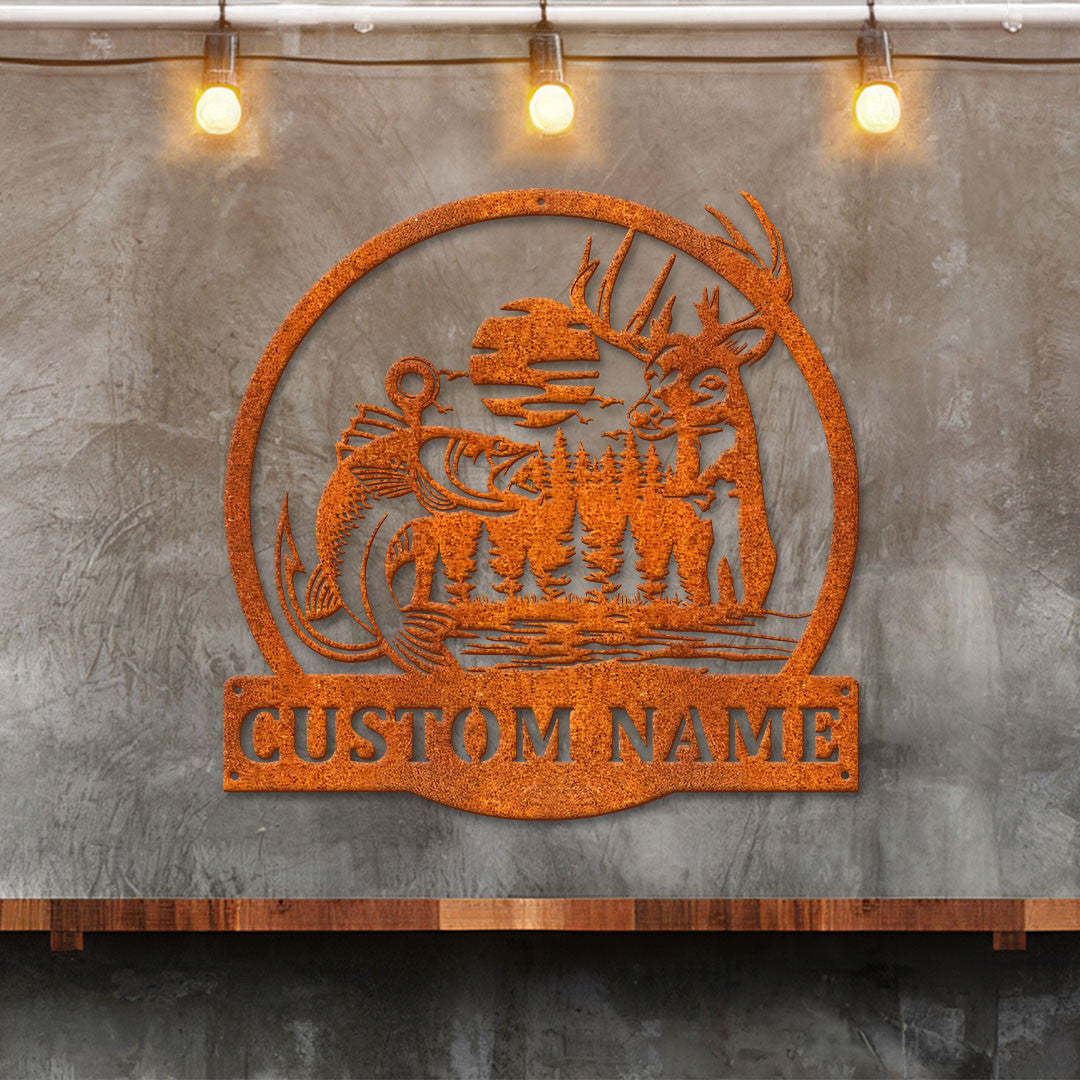 Custom Deer And Fishing Metal Wall Art Led Light Hunting Sign Personalized Hunter Name Sign Home Decor Cabin Decor Birthday Gift Fisher Gift