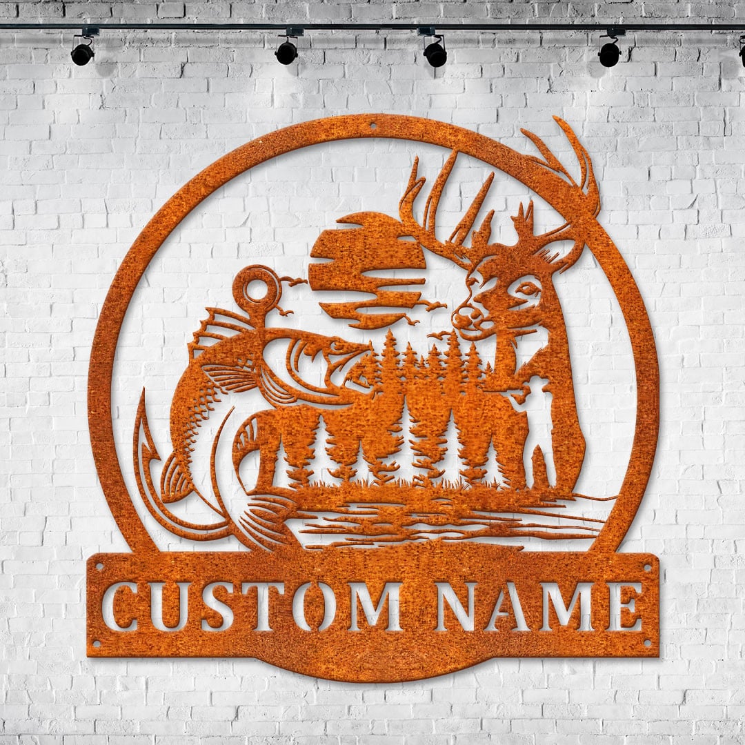 Custom Deer And Fishing Metal Wall Art Led Light Hunting Sign Personalized Hunter Name Sign Home Decor Cabin Decor Birthday Gift Fisher Gift