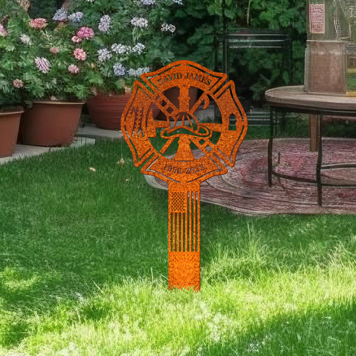 Personalized Firefighter Name Sign, Fireman Memorial Stake, Fireman Name Sign, Sympathy Sign, Grave Marker, Remembrance Stake, Firefighter Metal
