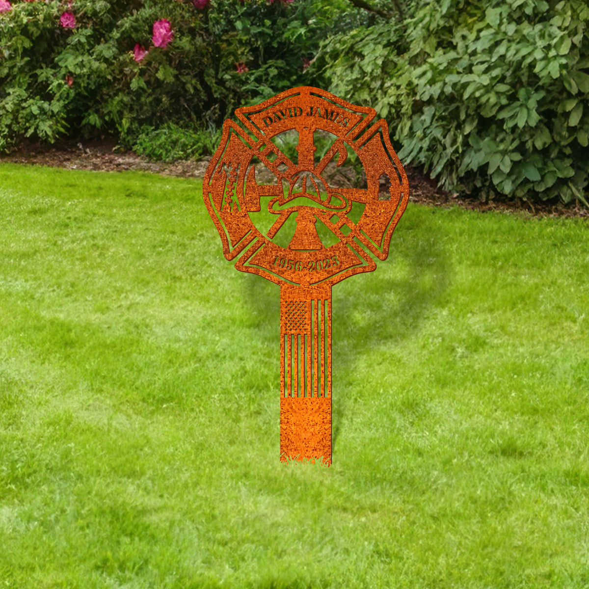 Personalized Firefighter Name Sign, Fireman Memorial Stake, Fireman Name Sign, Sympathy Sign, Grave Marker, Remembrance Stake, Firefighter Metal