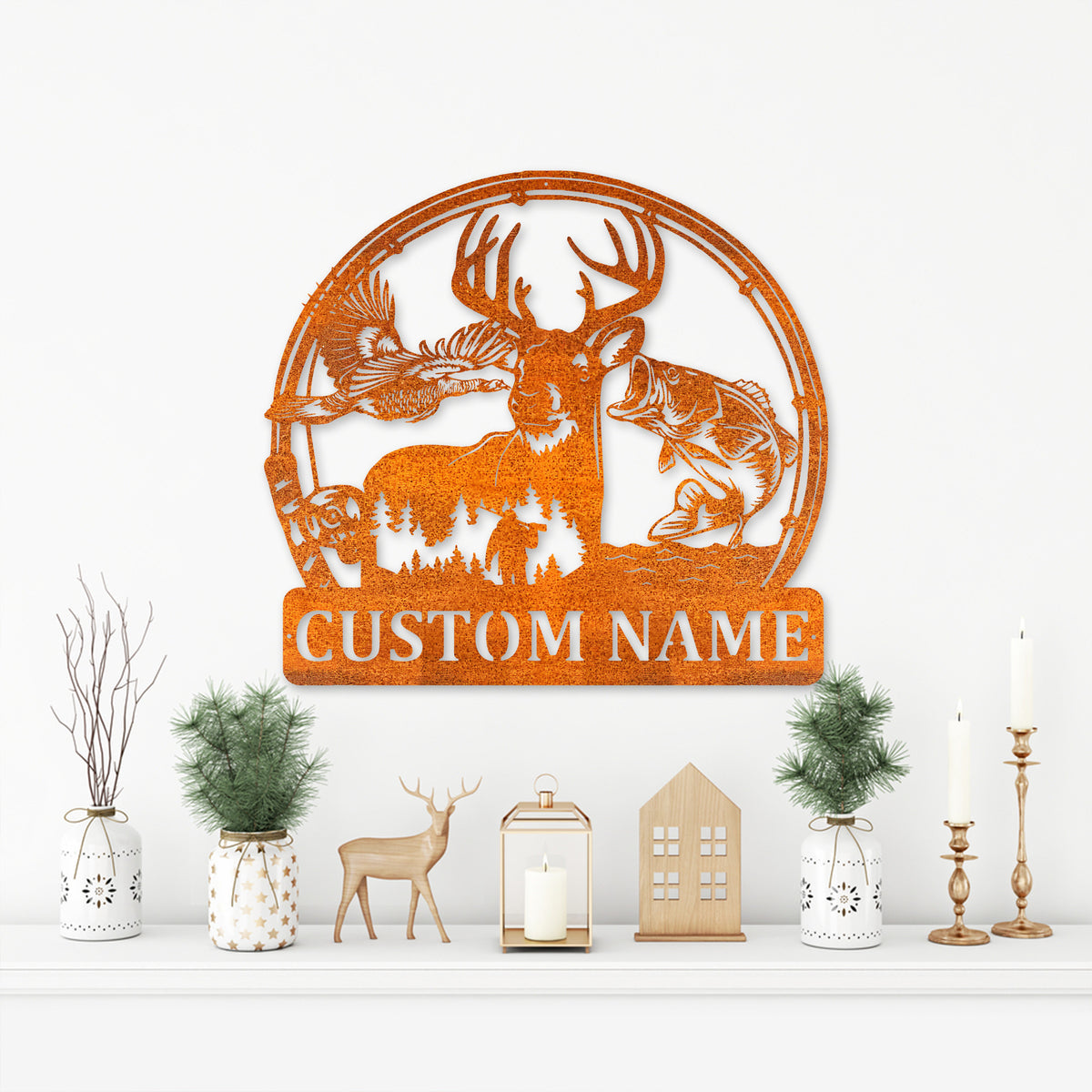 Custom Deer Turkey And Bass Fishing Metal Wall Art Hunting Sign Personalized Hunter Name Sign Home Decor Cabin Decoration Birthday Gift