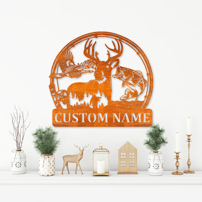 Custom Deer Turkey And Bass Fishing Metal Wall Art Hunting Sign Personalized Hunter Name Sign Home Decor Cabin Decoration Birthday Gift
