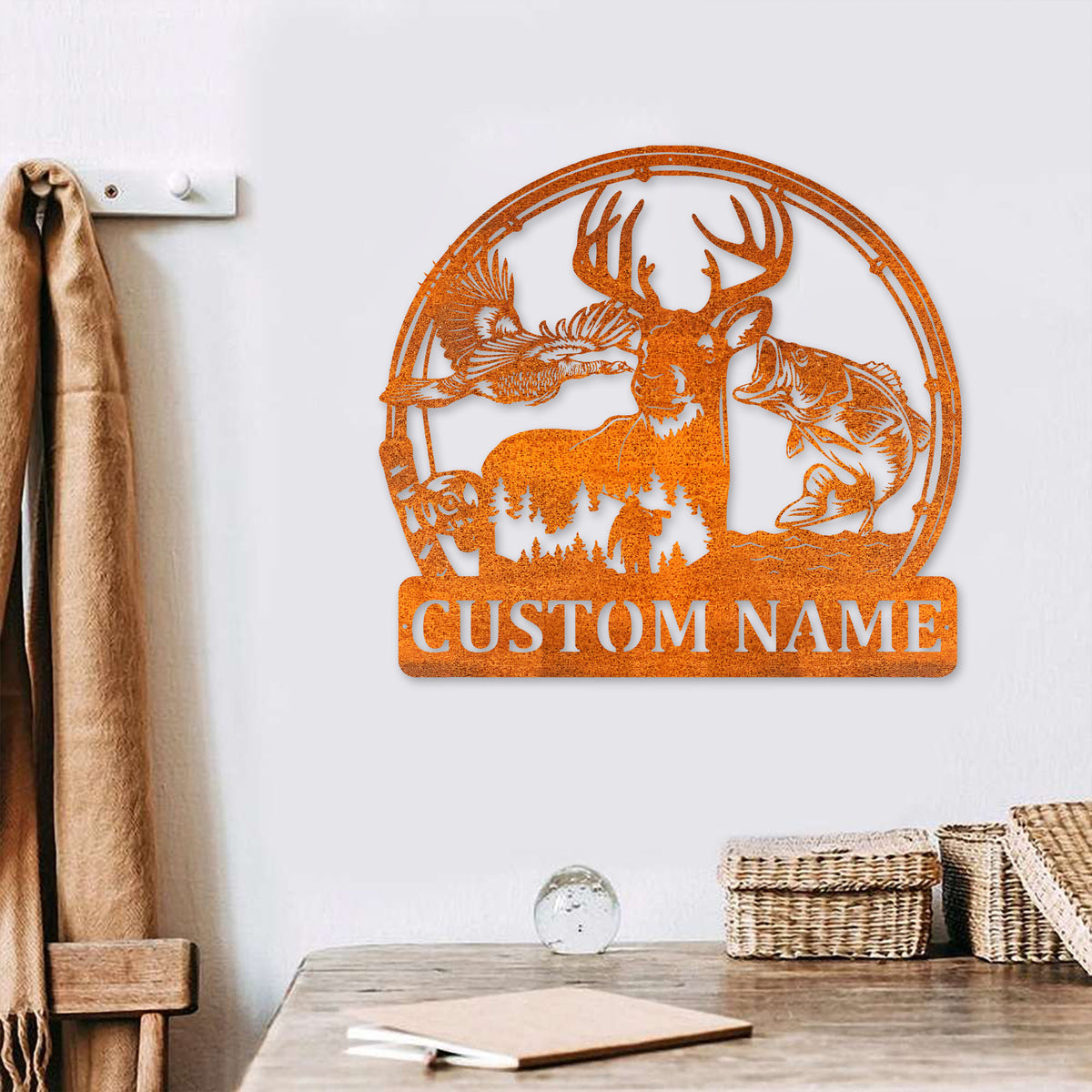 Custom Deer Turkey And Bass Fishing Metal Wall Art Hunting Sign Personalized Hunter Name Sign Home Decor Cabin Decoration Birthday Gift