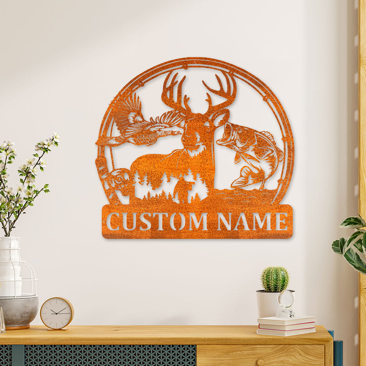 Custom Deer Turkey And Bass Fishing Metal Wall Art Hunting Sign Personalized Hunter Name Sign Home Decor Cabin Decoration Birthday Gift