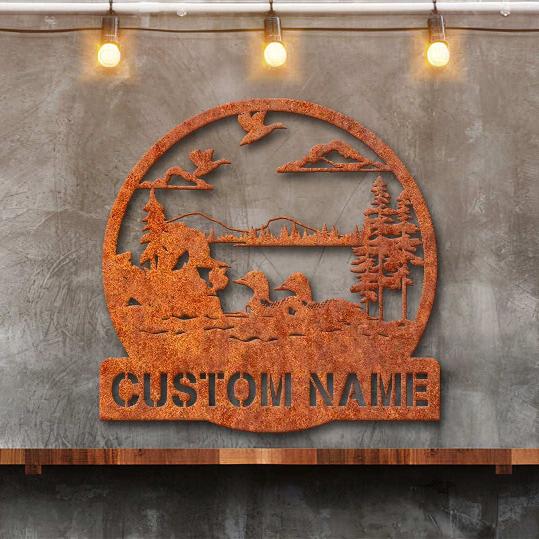 Custom Duck Cabin Metal Wall Art Lake House Sign Personalized Duck Lake Loon Scene Name Sign Home Decor Lake And Forest Decor Housewarming