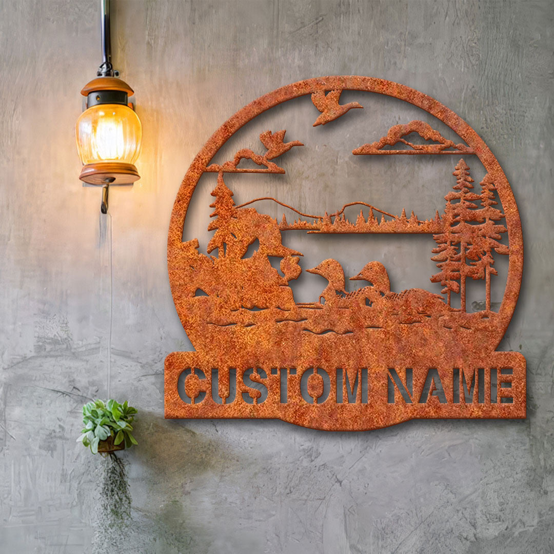 Custom Duck Cabin Metal Wall Art Lake House Sign Personalized Duck Lake Loon Scene Name Sign Home Decor Lake And Forest Decor Housewarming
