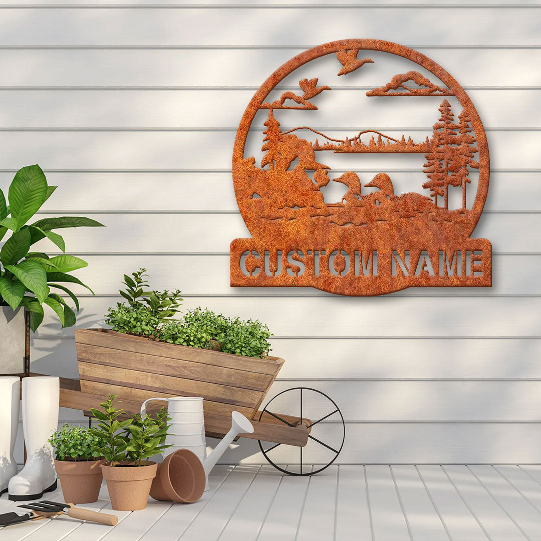 Custom Duck Cabin Metal Wall Art Lake House Sign Personalized Duck Lake Loon Scene Name Sign Home Decor Lake And Forest Decor Housewarming