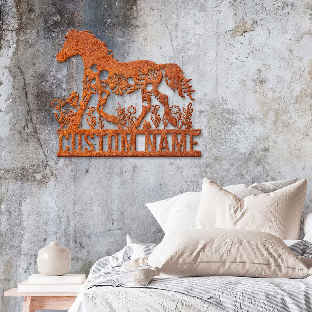 Personalized Floral Horse Farmhouse Metal Wall Art Horse Metal Sign Horse Barn Nursery Decor Custom Horse Flower Name Sign Birthday Gift