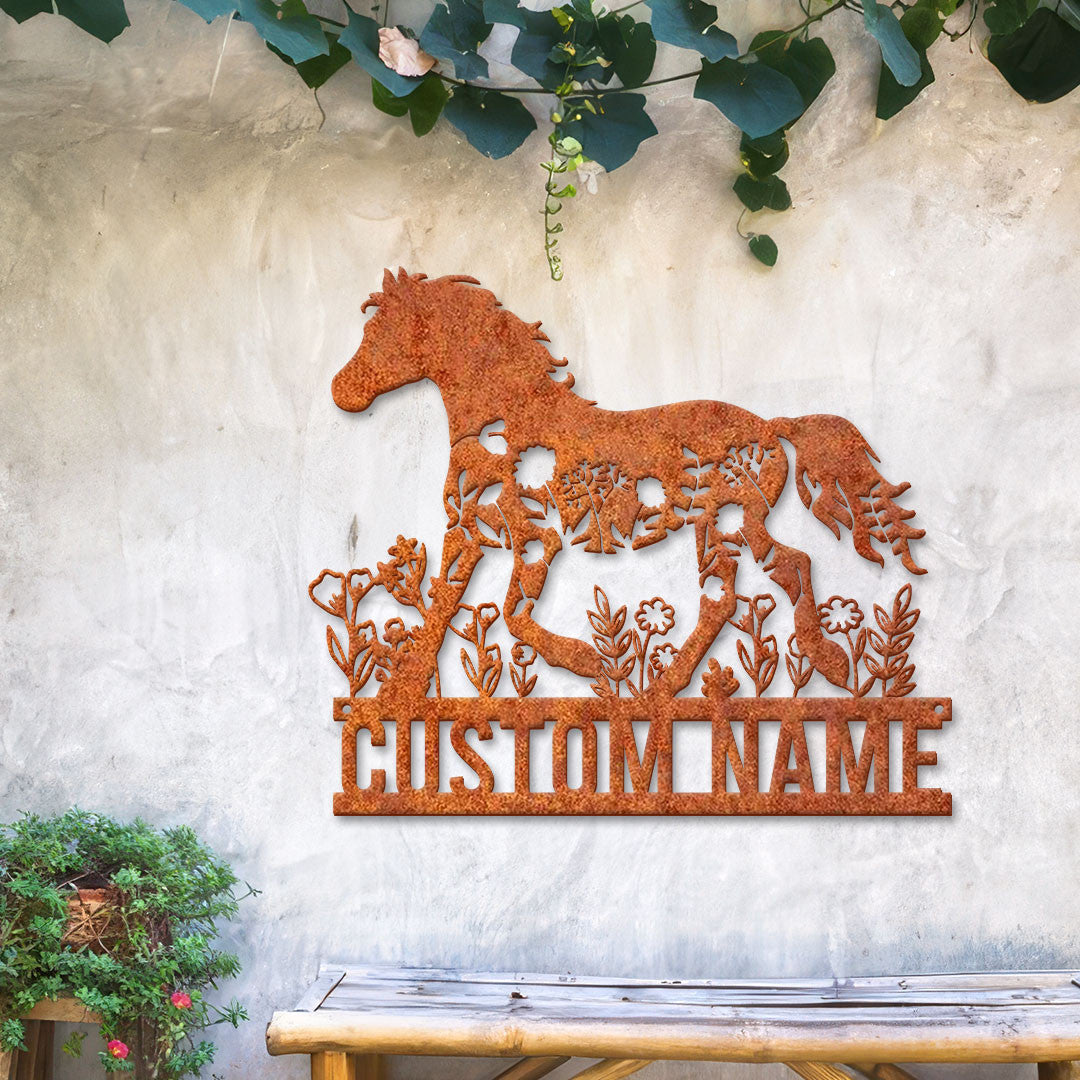 Personalized Floral Horse Farmhouse Metal Wall Art Horse Metal Sign Horse Barn Nursery Decor Custom Horse Flower Name Sign Birthday Gift
