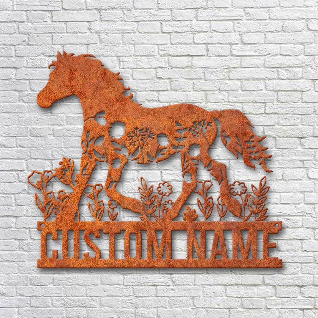 Personalized Floral Horse Farmhouse Metal Wall Art Horse Metal Sign Horse Barn Nursery Decor Custom Horse Flower Name Sign Birthday Gift