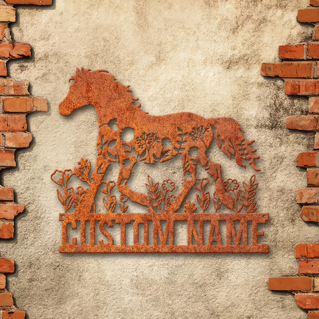 Personalized Floral Horse Farmhouse Metal Wall Art Horse Metal Sign Horse Barn Nursery Decor Custom Horse Flower Name Sign Birthday Gift