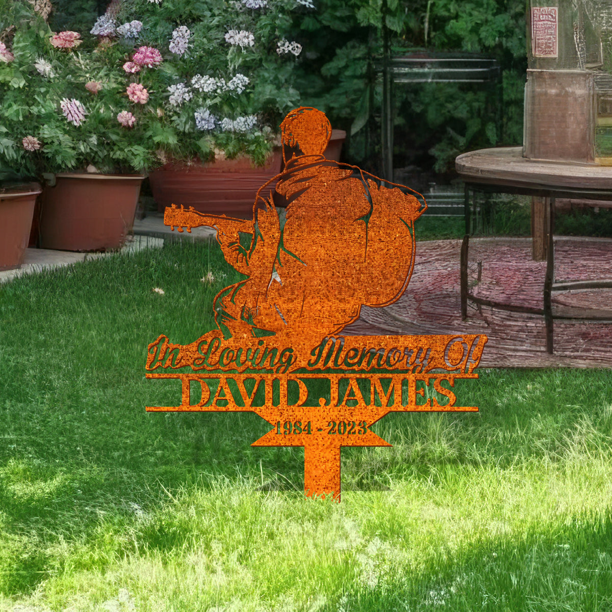 Personalized Man Playing Guitar Memorial Guitarist Memorial Stake, Guitar Metal Stake, Sympathy Sign, Grave Marker, Remembrance Stake