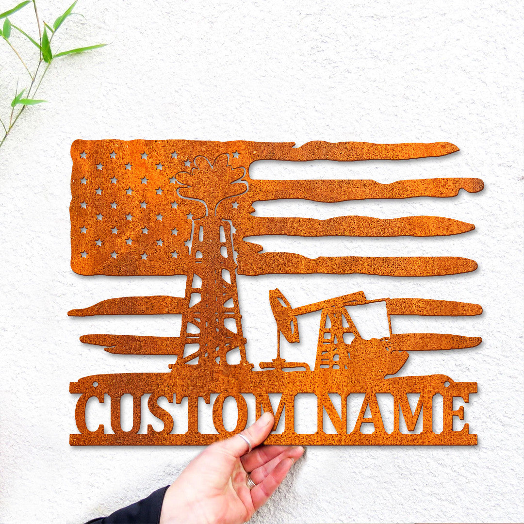 Custom Us Flag Oil Rig Metal Wall Art, Personalized Oil Field Name Sign, Oil Rig Metal Sign Oilfield Decor, Dad Gift, Birthday Gift